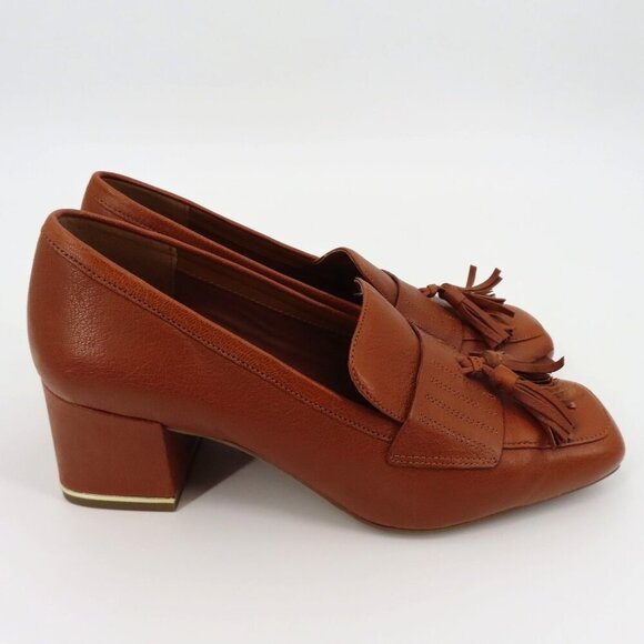 Franco Sarto Women 7.5 M ROME Cognac Brown Leather Tassel Gold Trim Loafer Heels - Picture 7 of 13